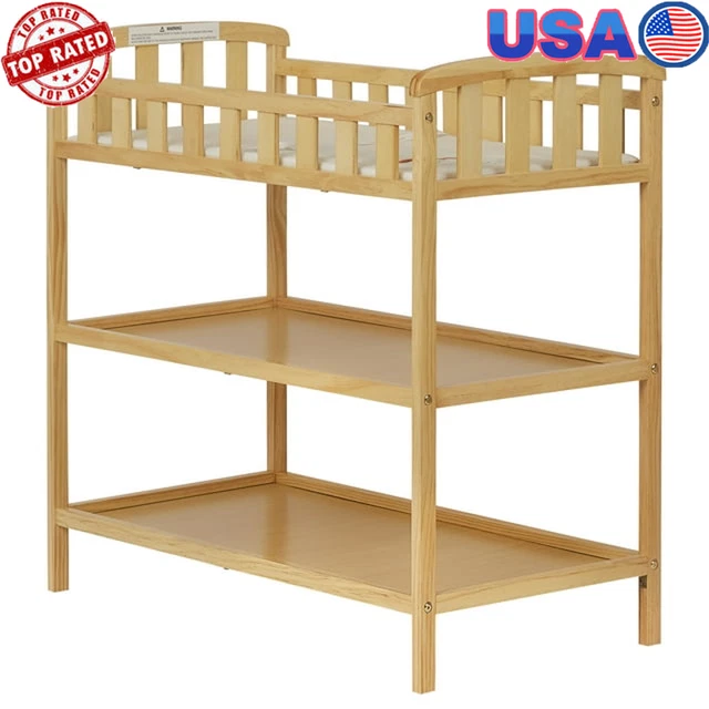2 Shelf Baby Changing Table W/ Safety Strap Storage Wood 3-Tiers Living Room New