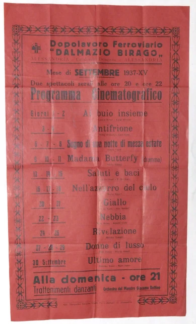 Dopolavoro D. Birago - Alessandria - Locandina Programma Cinematografico - 1937
