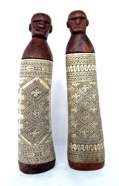 2 pc BUFFALO BONE LIME CONTAINER TIMOR TRIBAL ARTIFACT - BETEL NUT