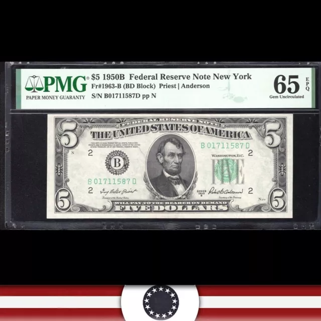 1950-B $5 NEW YORK FRN FEDERAL RESERVE NOTE PMG 65 EPQ Fr 1963-B 11587