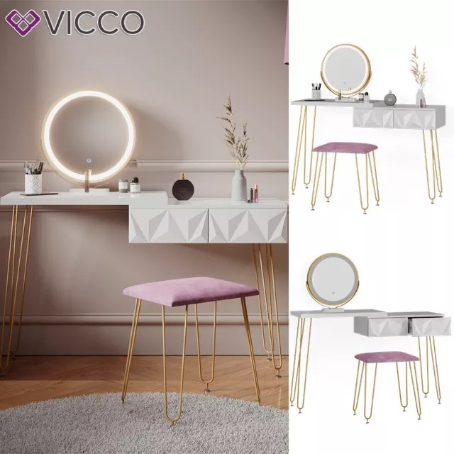 Coiffeuse Table de maquillage Bella blanc Miroir LED Tabouret design Vicco