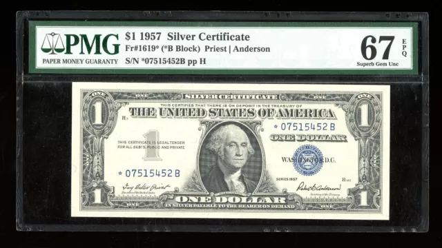DBR 1957 $1 Silver STAR *B Block Fr. 1619* Superb Gem PMG 67 EPQ Ser *07515452B