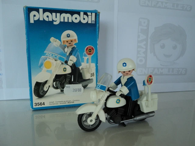 PLAYMOBIL vintage police moto blanche policier motard set 3564 V2 de 1987 /boîte