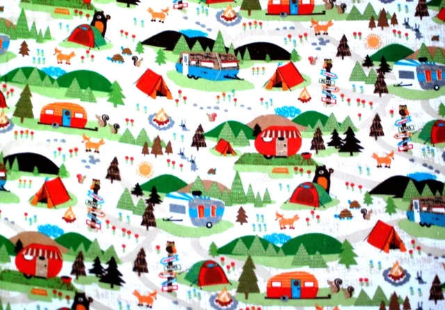 BTY*CAMPGROUND/TRAILERS/TENTS/TREES/ANIMALS 100% COTTON FLANNEL FABRIC 42x36"