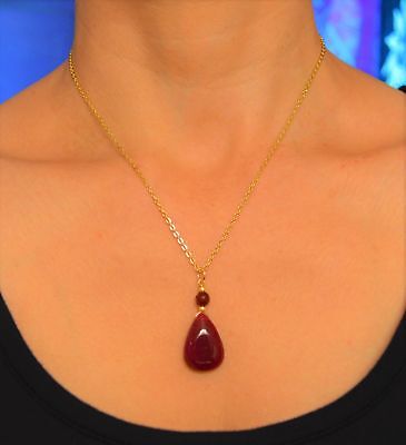 Genuine Gorgeous Red Ruby Cabochon Pear Teardrop 14K Yellow Gold Pendant
