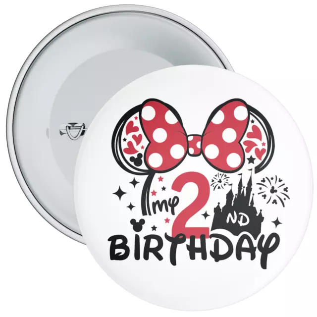 2nd  Birthday Badge - Minnie Mouse Themed Birthday Badge - 75mm Wide - Pin Back