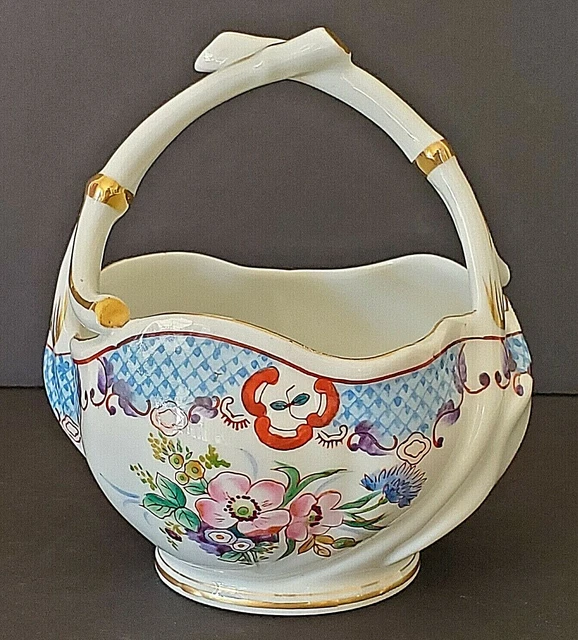 Vintage CERAMIC BASKET BOWL Hinode from Japan Bamboo Style Handles Décor 5” High