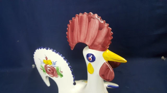 Figurine coq en céramique peinte à la main art populaire 11 pouces floral lumineux très bon état intact 2