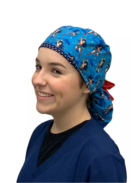 Wonder Woman Ponytail Scrub Cap Hats, Nurse, Doctor, Techs, Surgical, Long Hair