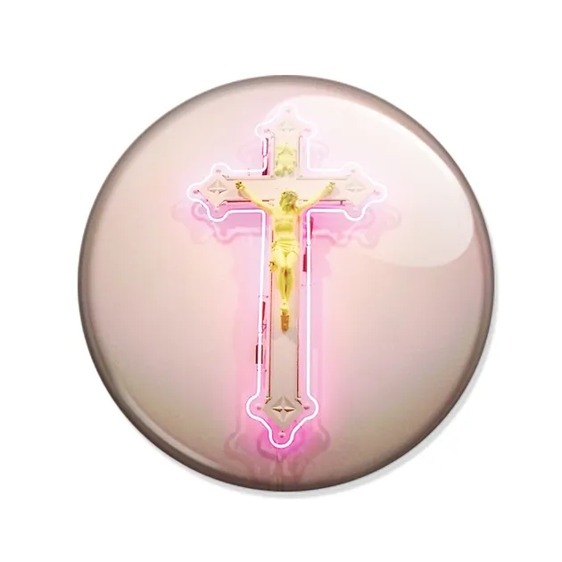 Badge CROIX CHRIST Néon ROSE Jésus pink fluo cross hipster boho pop pins Ø25mm .