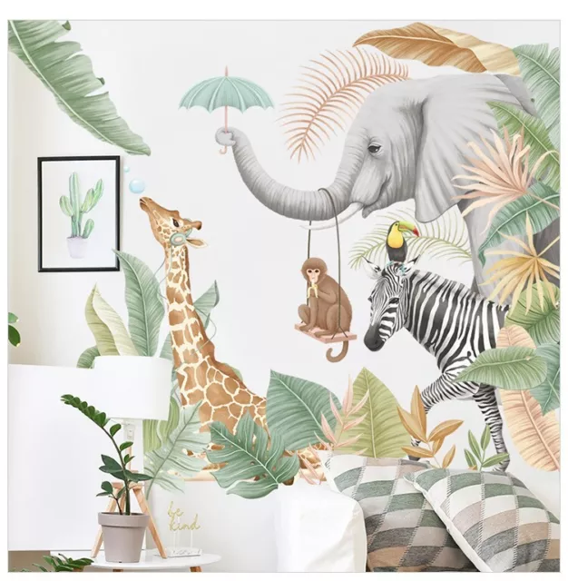 Happy Jungle Animal Decal Giraffe Elephant Wall Stickers Kids Nursery Room Decor