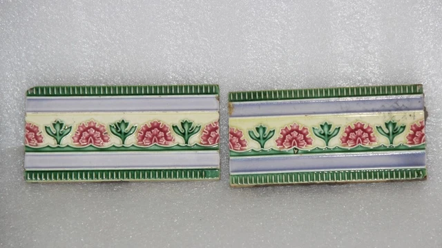 Vintage Colorful Flower Embossed Ceramic Old Tile, JAPAN 2PC 14280