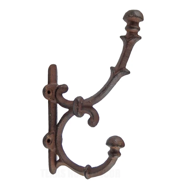 Cast Iron Fancy Vines Double Wall Hook Coat Towel Hanger Rustic Brown