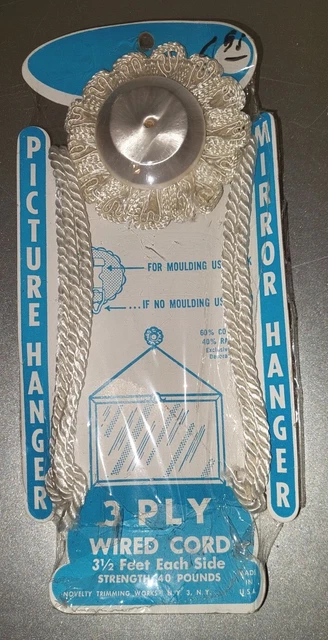 Vtg NOS 3 Ply Wired Cord Picture Mirror Hanger White New Old Stock NIP ~MADE USA