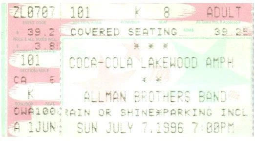 Vintage Allman Brothers Band Ticket Stub July 7 1996 Atlanta Georgia