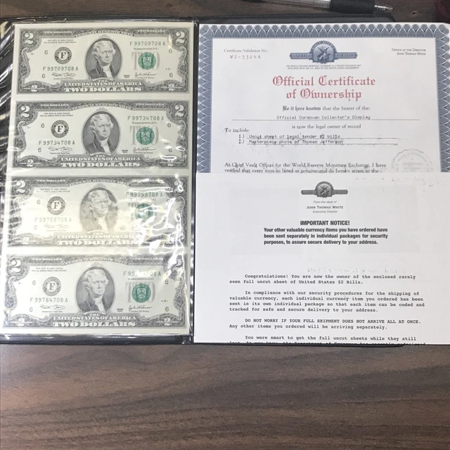 World Reserve Monetary Exchange Uncut Sheet $2 Dollar Bills Jefferson 2003 W/COA