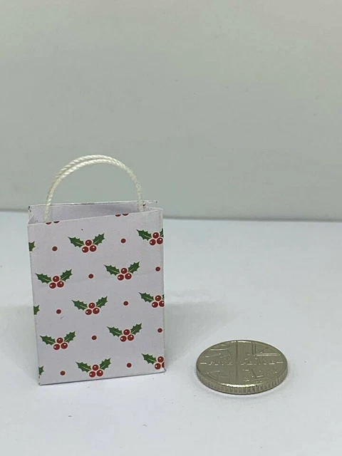 Handmade 12th Scale Dolls House Miniature Accessory Christmas Holly gift bag #2