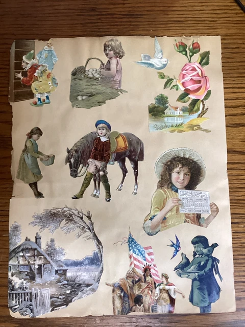 Página de libro de recortes troquelada de colección del siglo XIX con tarjetas victorianas y troquelados en ambos lados