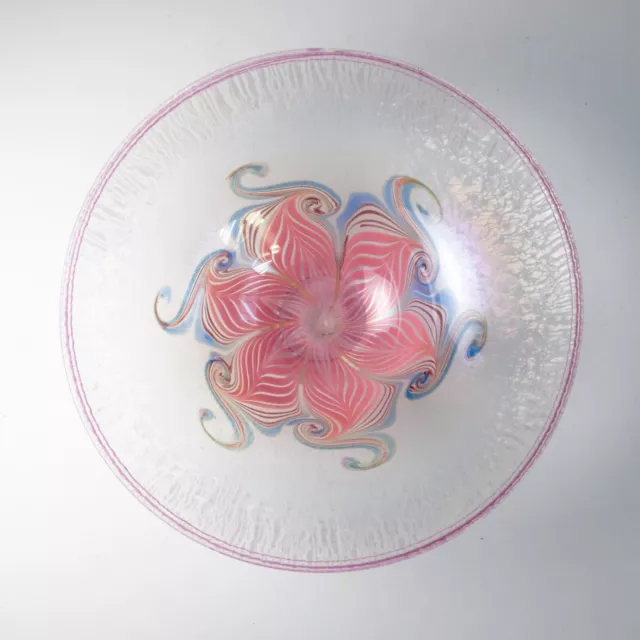 Vandermark Pulled Feather Art Glass Bowl Pink Iridescent Hand Blown Signed 1990
