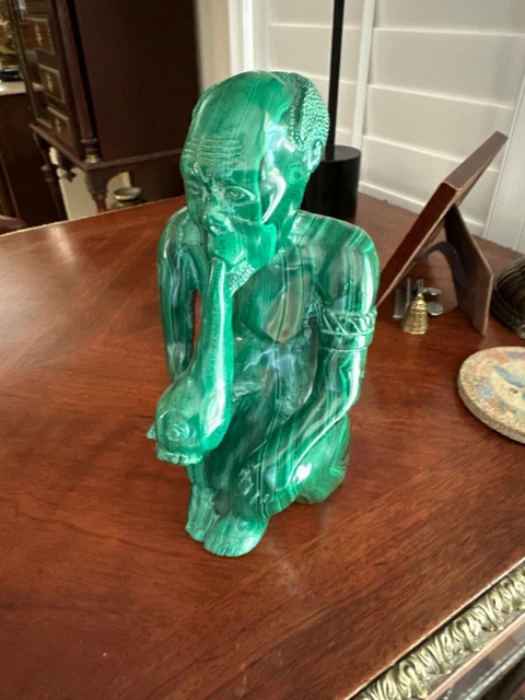 African Congo Green Malachite Carved Stone/Mineral Statue, 9" tall, 3,376 grams