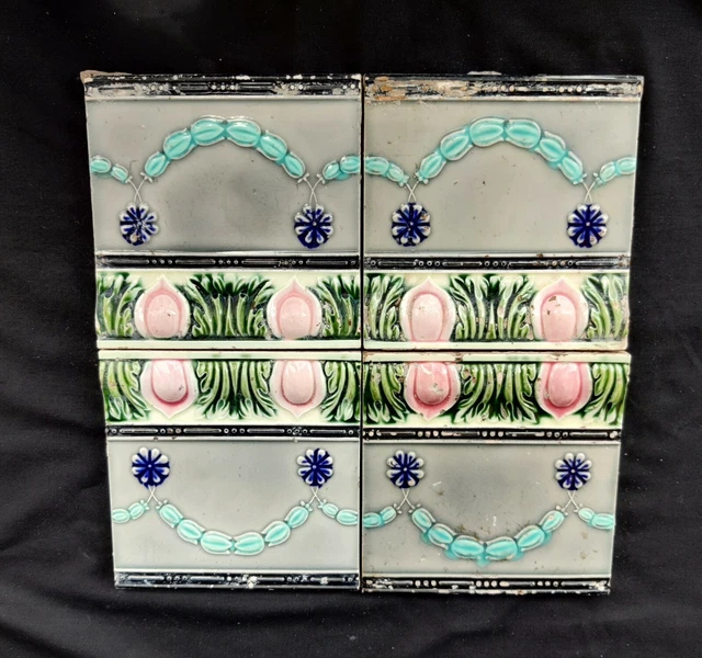 Vintage Garland Design Embossed Nouveau Architecture Furniture Tiles Japan 4Pcs 6