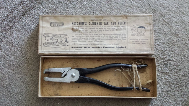 Vintage set of Ketchum's Ear Tag Plier and box of ear tags