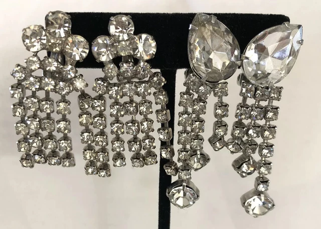 Vintage Art Deco Earrings LOT Rhinestone Statement Clip On Dangle Holiday 2 Pr