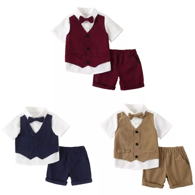 Baby Jungen Gentleman Outfits Smoking Anzug Kurzarm Hemd+Fake Weste+Flige+Shorts