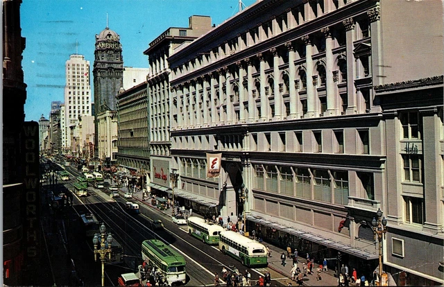 Vtg San Francisco California CA Market Street View Buses Old Cars 1960s Postcard