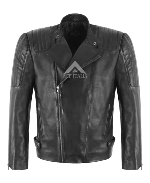 Men's Racer Biker Real Leather Jacket Black Waxed Quilted Motorbike Style Jacket