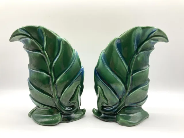 2 MCM 6” Haeger Green Blue Drip Glaze Leaf Vases Art Pottery Mid Century Ceramic
