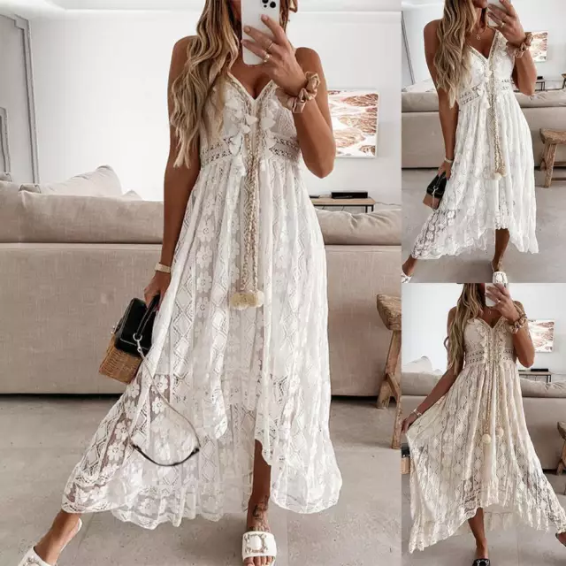 Women's Boho Lace Long Maxi Dress Ladies V Neck Summer Holiday Strappy Sundress