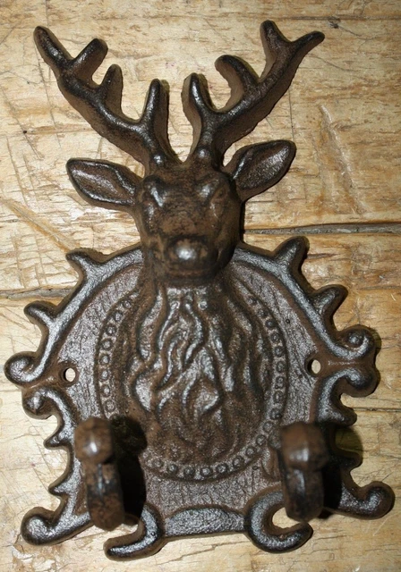 Cast Iron Antique Style ELK Coat Hooks Hat 2 Hook Rack Towel DEER Hunting Stag
