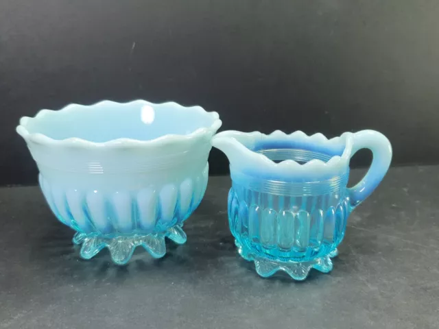 Antique Victorian Davidson Blue Pearline Glass Lady Caroline Sugar Bowl Milk Jug