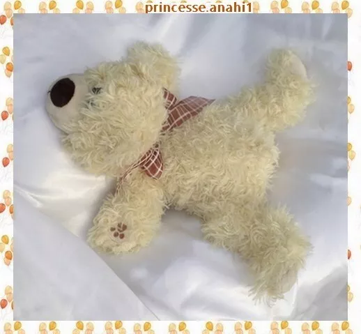 Doudou Peluche Ours Allongé Sonore Beige Ecru Poil Long Noeud Marron Blanc Gipsy