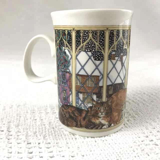 Dunoon calico black cats on window sill snowy town coffee mug Scotland