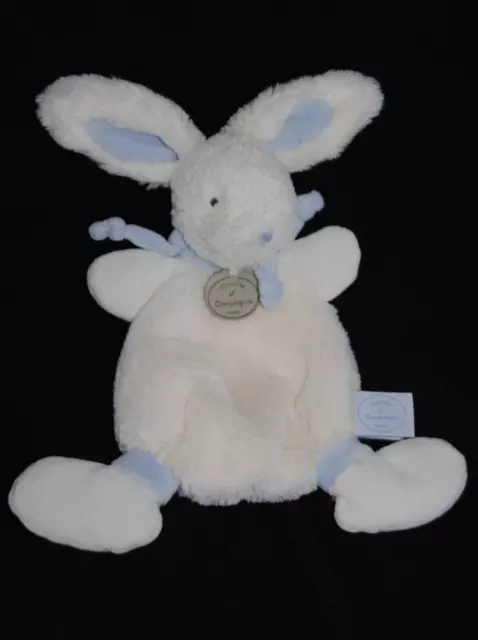 DOUDOU ET COMPAGNIE Lapin plat blanc fourrure écharpe bleu bonbon DC2121 NEUF