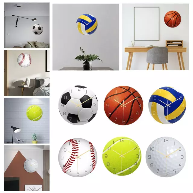 Modern Wall Clock 12'' Round Sports Ball Non-Ticking Clock Battery Operated Home