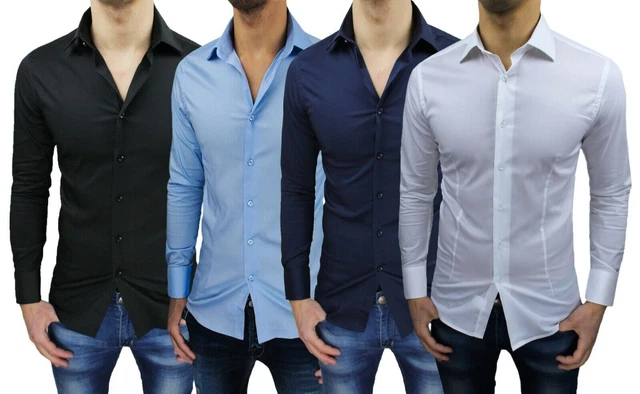 Camicia UOMO Cotone Slim Fit Bianca Celeste Blu Nero Manica Lunga  S M L XL XXL