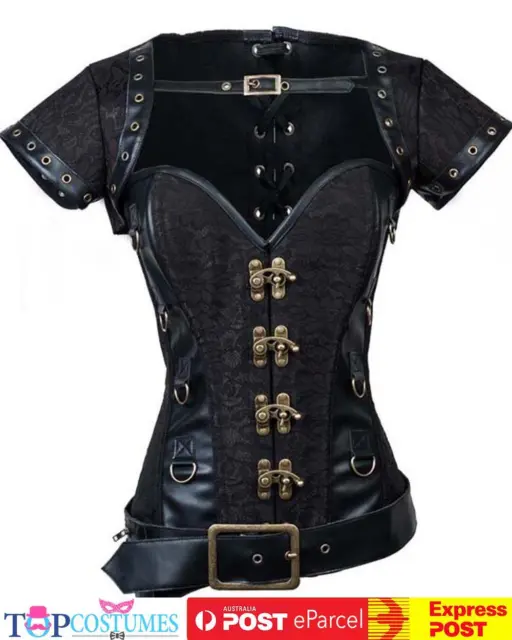 Black Steampunk Overbust Boned Corset Leather Gothic Halloween Top Jacket