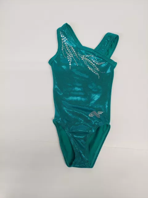 Aerials Alpha Factor Gymnastics Dance Leotard Teal Foil Bling CXS Child XS 2/3