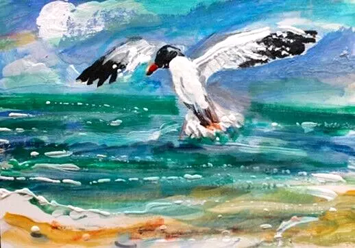 ORIGINAL ACEO Painting Laughing Sea GULL Beach Waves OCEAN BIRD Summer Shore ART