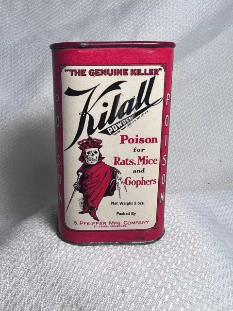 EMPTY Vtg Kilall Powder Tin The Genuine Killer Poison Grim Reaper Graphics