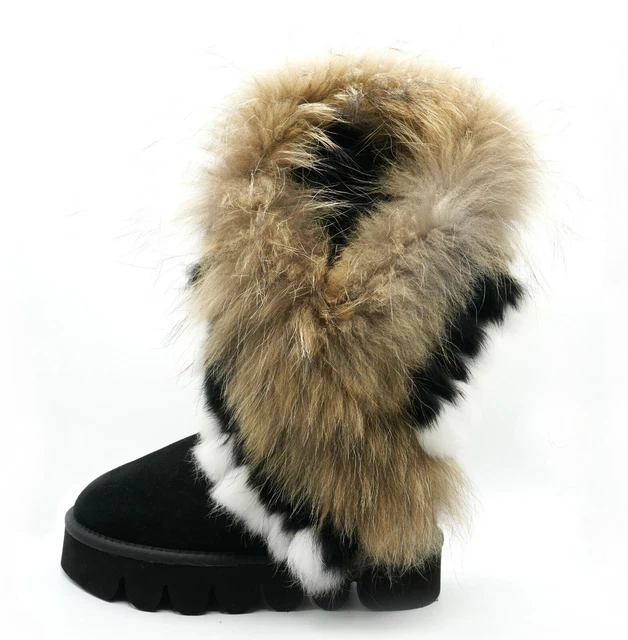 OOG Bottes Véritable Fourrure & Cuir Femme Chaussure Fourrée Pompon D'Hiver