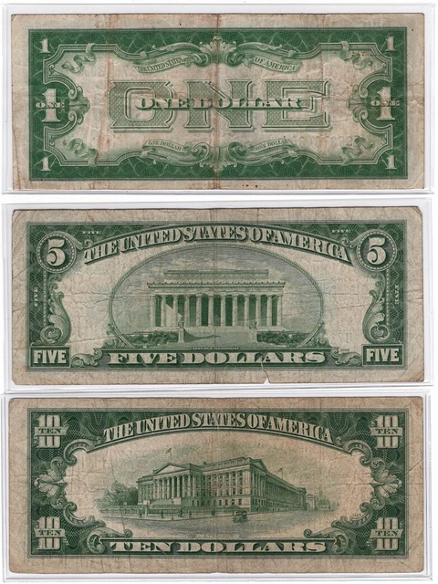 1934 Series $1,$5,$10 Silver Certificates,Funny Back,Blue Seal Notes,VG/VF 2