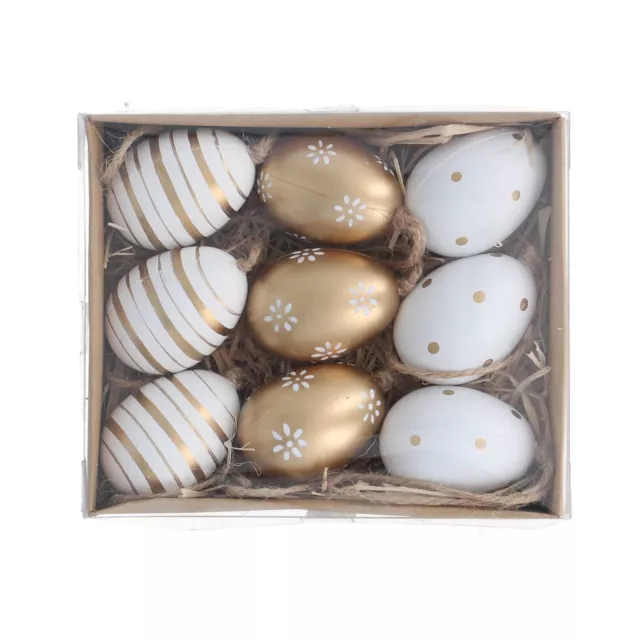 White & Gold Easter Egg Decorations by Gisela Graham Set of 9 with Rustic Twine