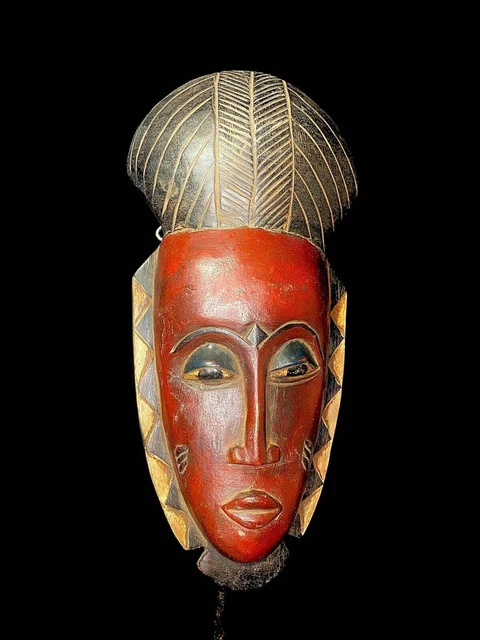 Maschera africana antiquariato tribale Faccia vintage Legno Originale rosso...