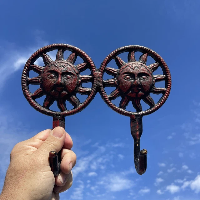 Red Wrought Iron Cast SUN CELESTIAL Double Hook Coat Wall Rack Vintage❤️blt7j1 4