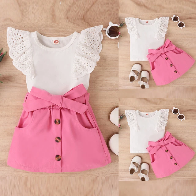 2PCS Kids Baby Girl Ruffle Lace Vest Tops+Skirt Outfits Party Dress Clothes Set