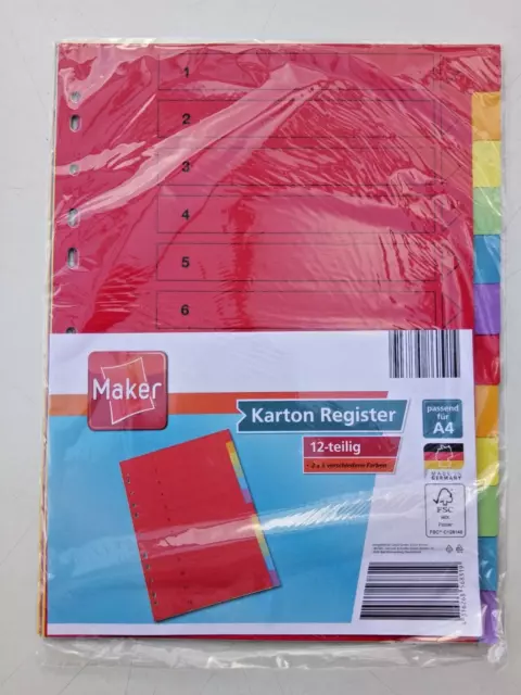 Kartonregister A4 12-teilig in 2X 6 verschiedenen Farben, Trennblätter